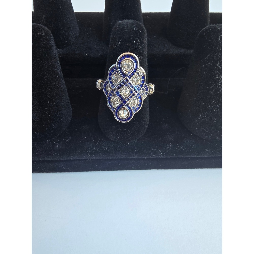 Vintage Art Deco 925 Sterling Silver Blue & White Crystal Shield Ring Size 6.75
